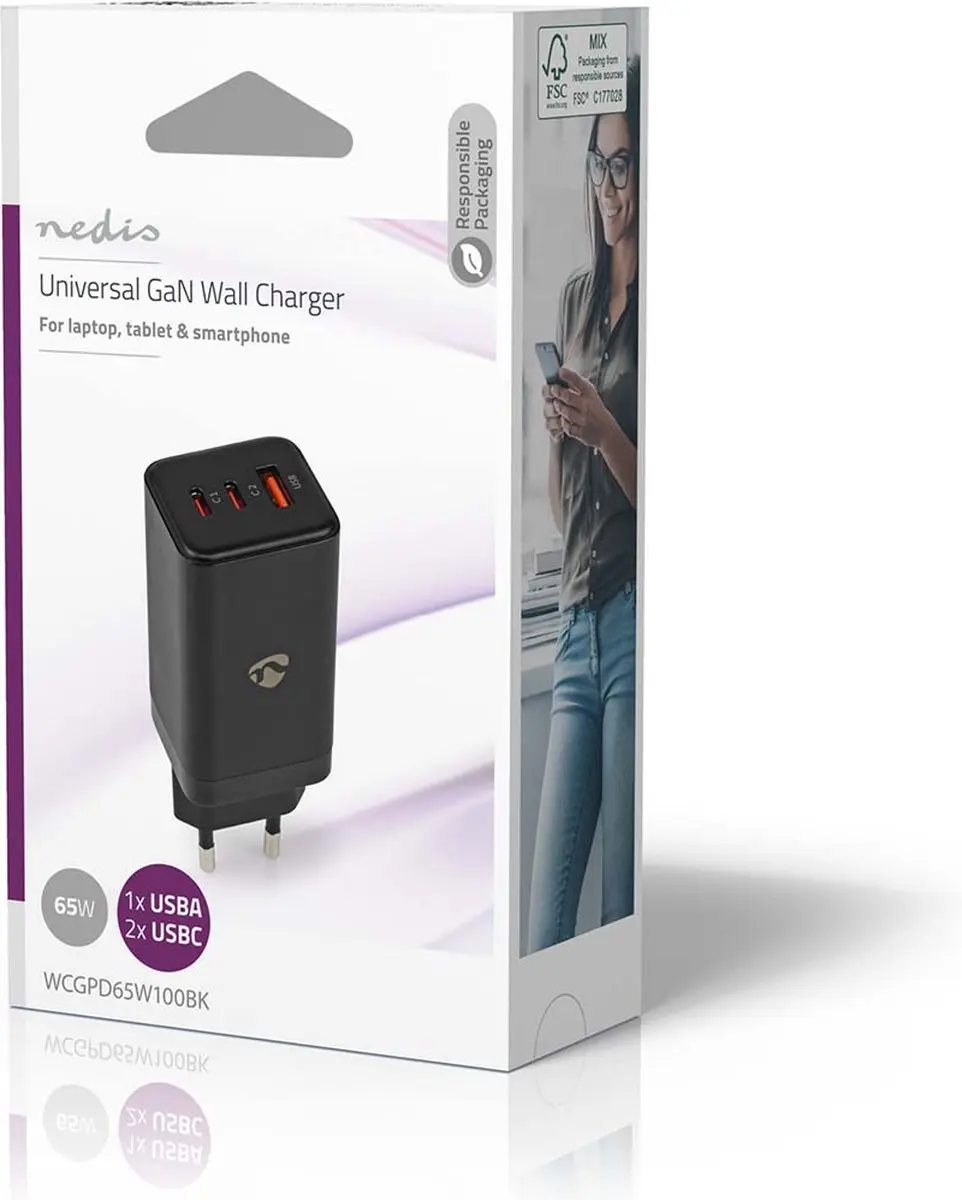 Nedis WCGPD65W100BK GaN Oplader 65W - 3 Poorten - USB-A & 2x USB-C - Zwart