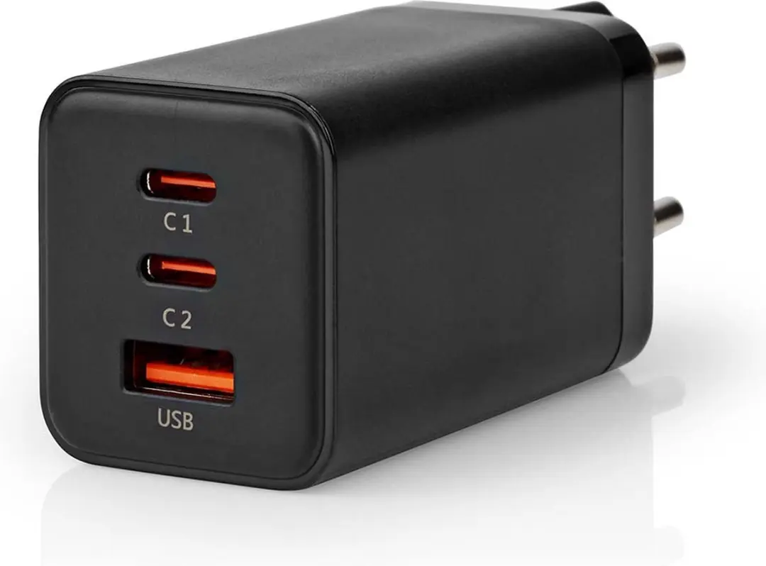 Nedis WCGPD65W100BK GaN Oplader 65W - 3 Poorten - USB-A & 2x USB-C - Zwart