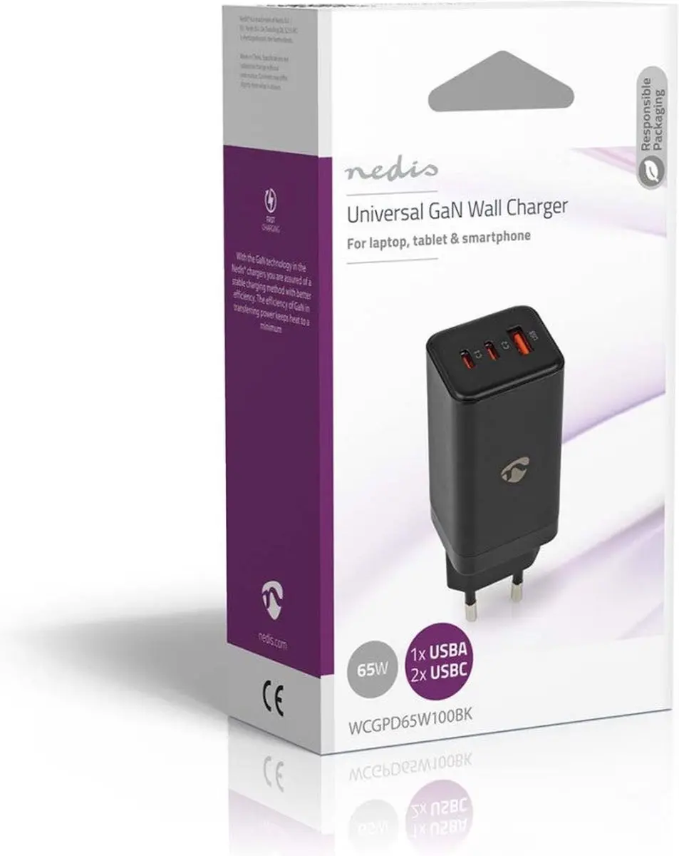 Nedis WCGPD65W100BK GaN Oplader 65W - 3 Poorten - USB-A & 2x USB-C - Zwart - afbeelding 6 van 6