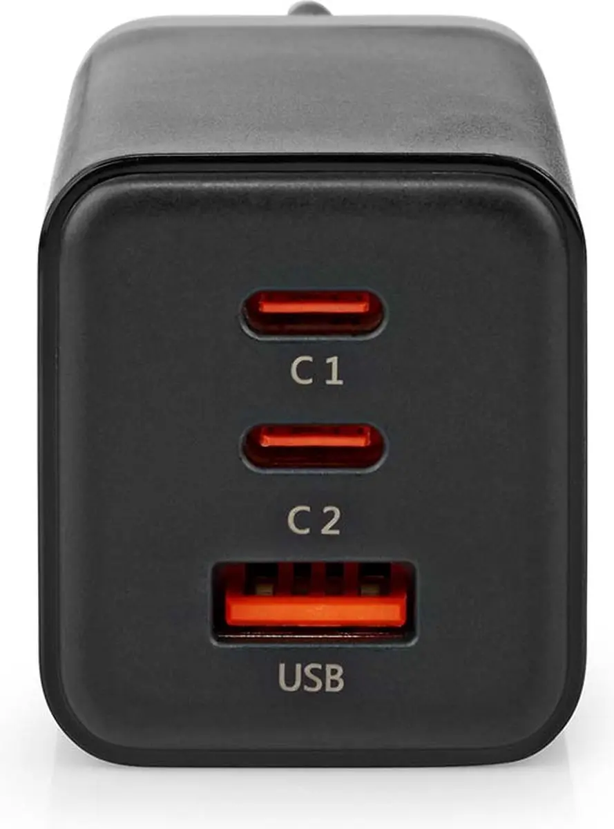 Nedis WCGPD65W100BK GaN Oplader 65W - 3 Poorten - USB-A & 2x USB-C - Zwart