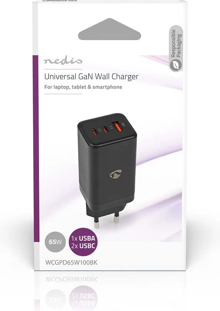 Nedis WCGPD65W100BK GaN Oplader 65W - 3 Poorten - USB-A & 2x USB-C - Zwart