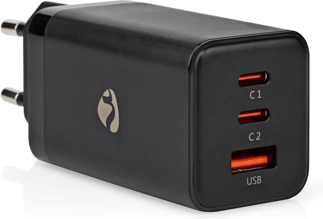 Nedis WCGPD65W100BK GaN Oplader 65W - 3 Poorten - USB-A & 2x USB-C - Zwart