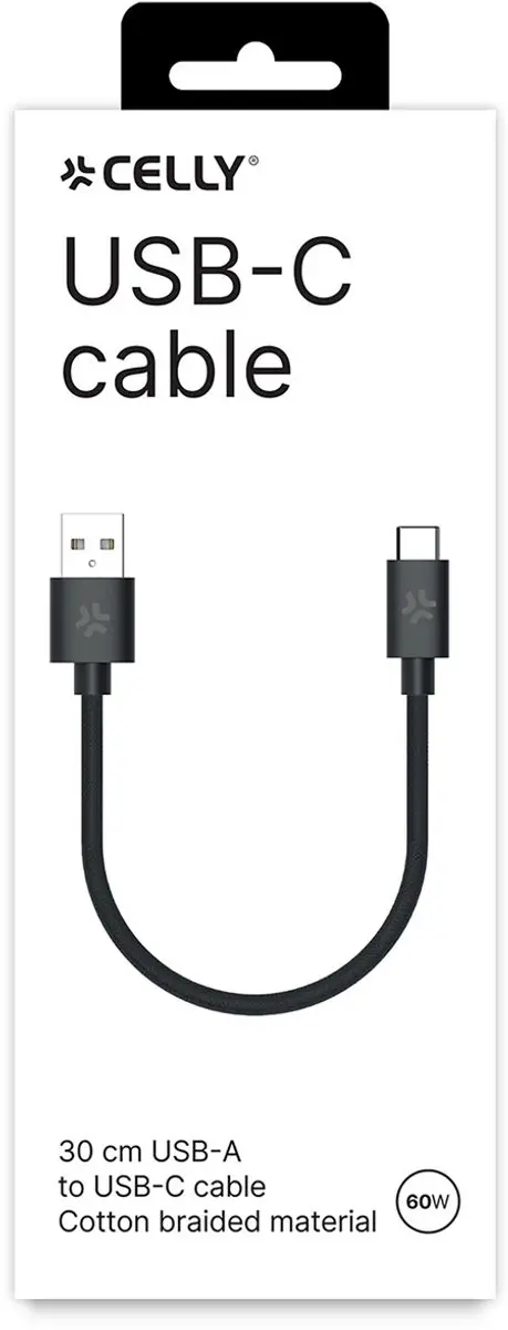 Celly Oplaadkabel 60W USB-A naar USB-C 0.3m - Zwart