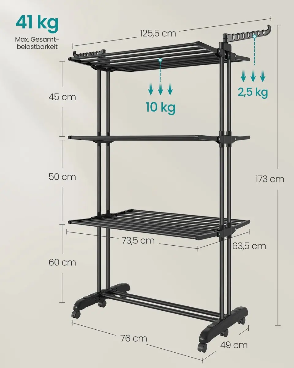 Songmics Wasdroger 4 Niveaus - Opvouwbaar - 63,5x125,5x173cm