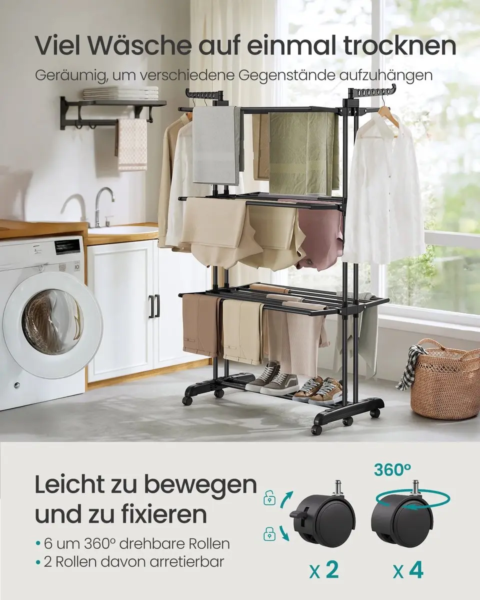 Songmics Wasdroger 4 Niveaus - Opvouwbaar - 63,5x125,5x173cm