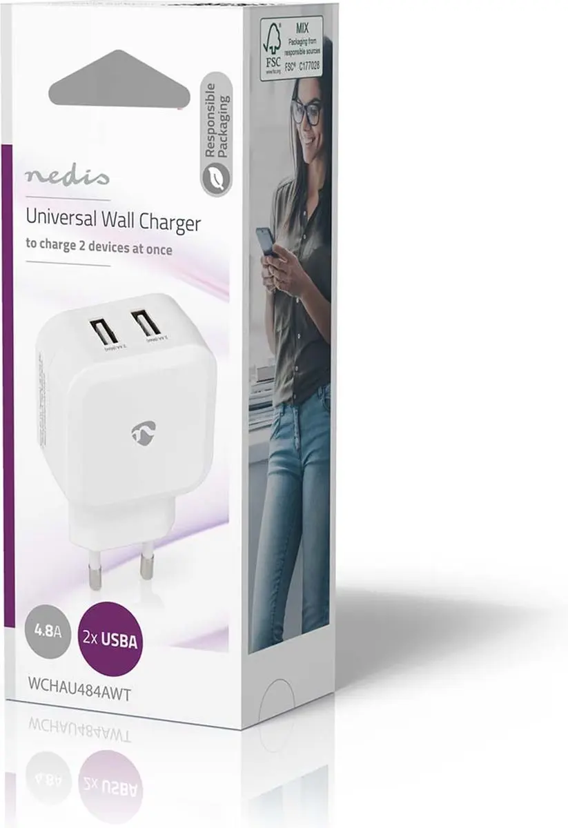 Nedis WCHAU484AWT Oplader 24W - 2x USB-A - Wit