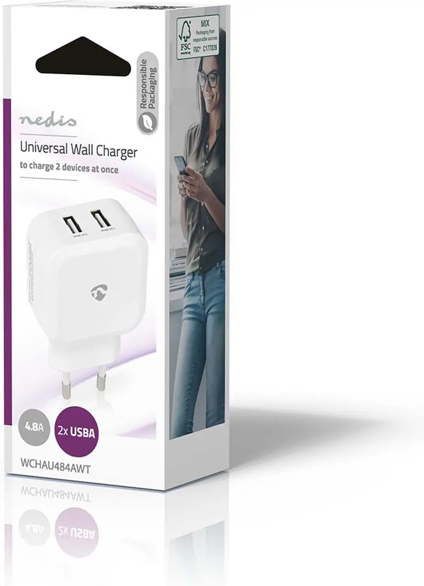 Nedis WCHAU484AWT Oplader 24W - 2x USB-A - Wit