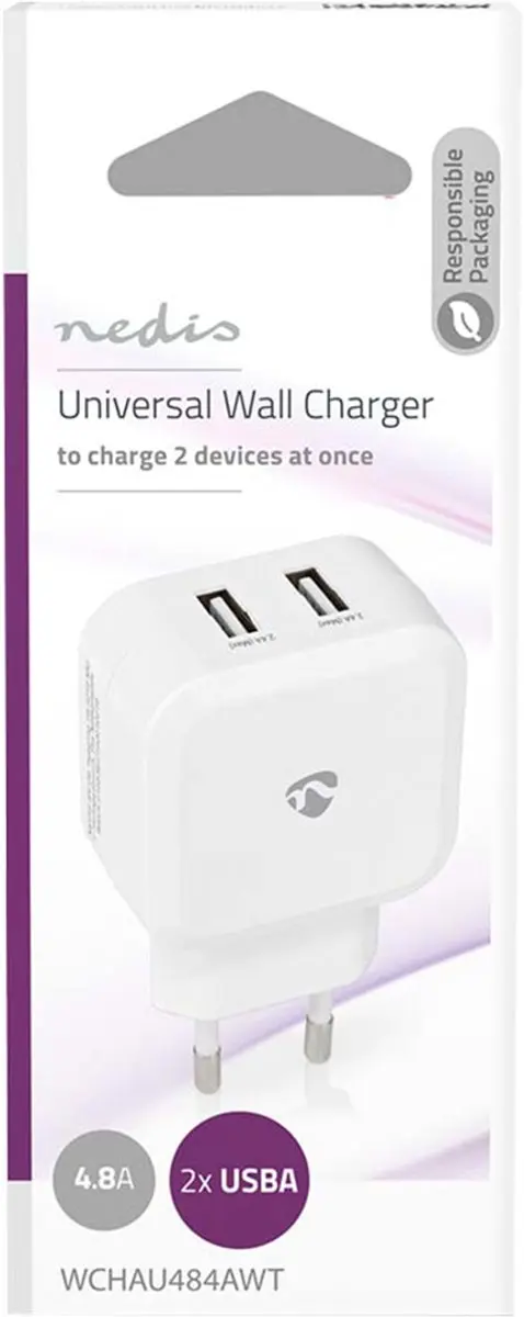 Nedis WCHAU484AWT Oplader 24W - 2x USB-A - Wit