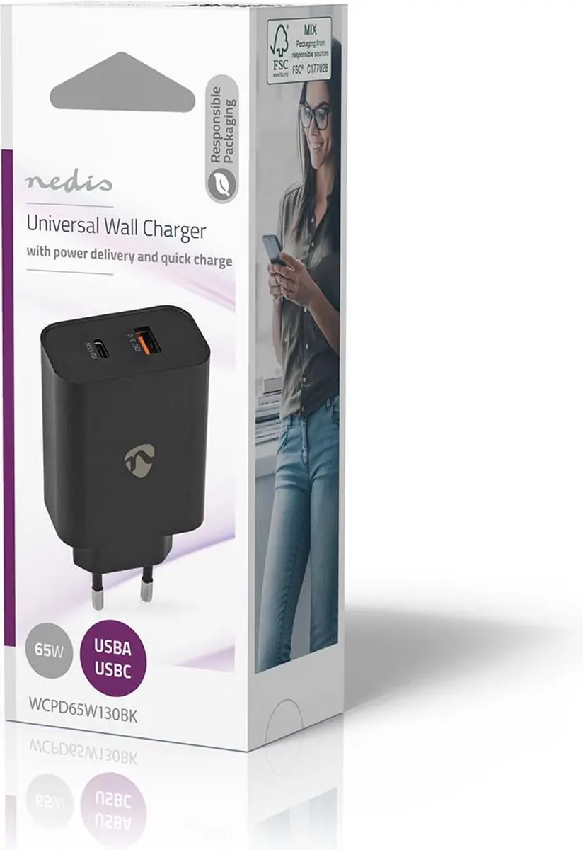 Nedis WCPD65W130BK Oplader 65W - USB-A & USB-C - Zwart