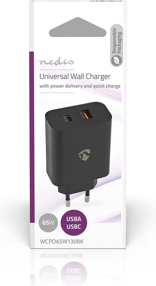Nedis WCPD65W130BK Oplader 65W - USB-A & USB-C - Zwart