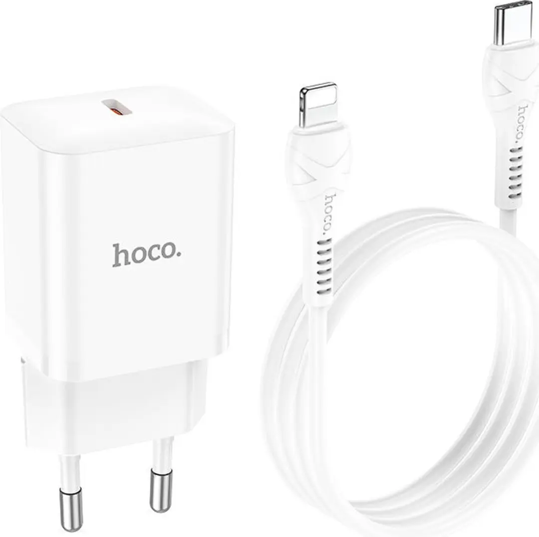 Hoco 20W USB-C Snellader - iPhone 14/13/12/11 - 1M Lightning Kabel - Wit