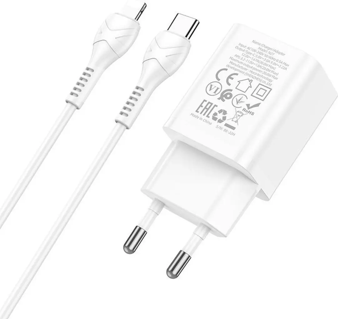 Hoco 20W USB-C Snellader - iPhone 14/13/12/11 - 1M Lightning Kabel - Wit