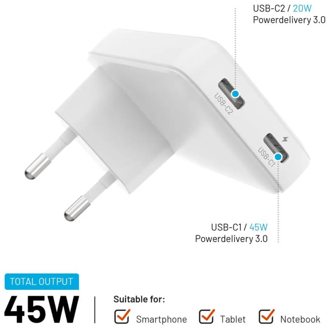 Fixed FIXCG45S-2C-WH Reisoplader 45W - 2x USB-C - Wit