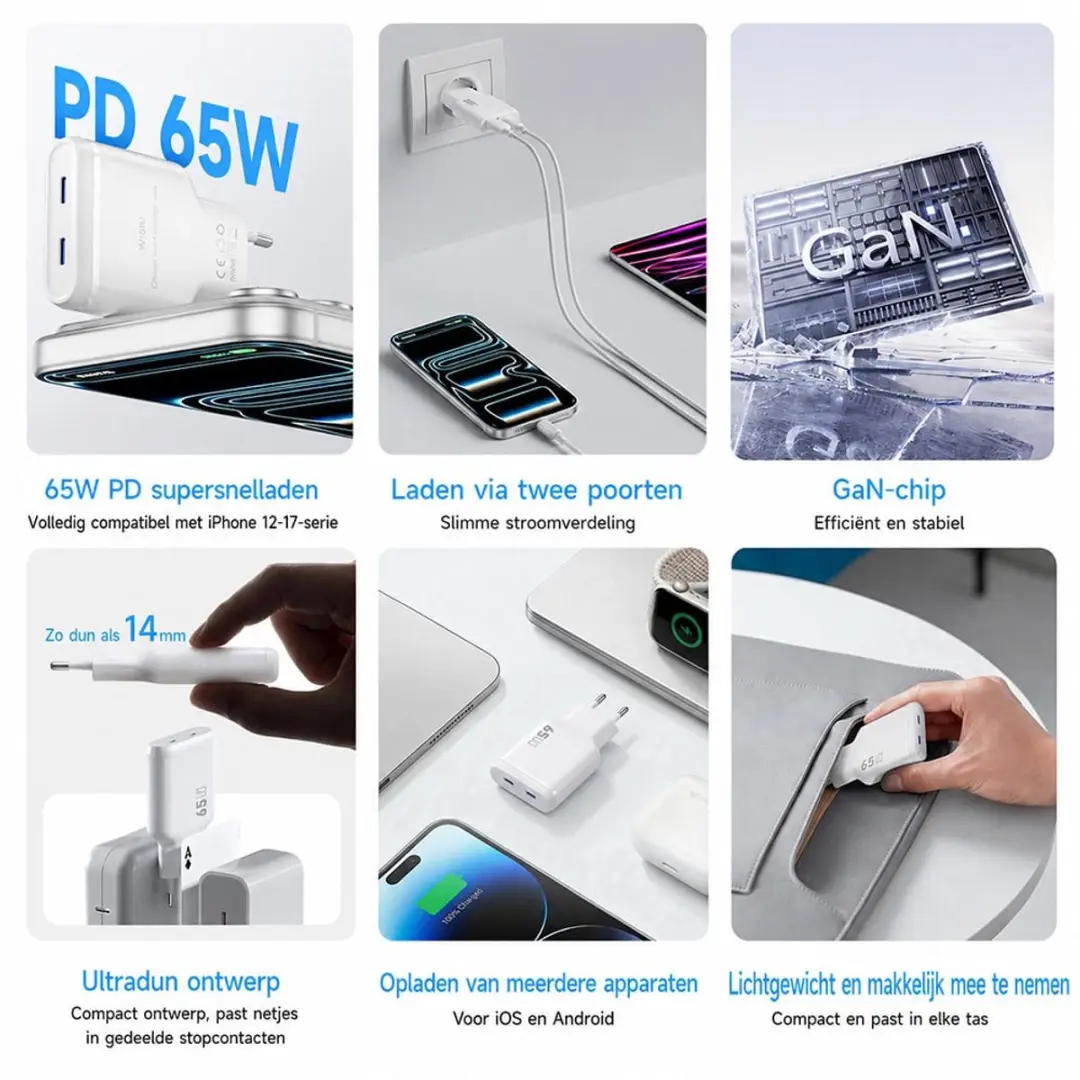 WiWu Oplader Essen Slim 65W USB-C - 2x USB-C - Wit