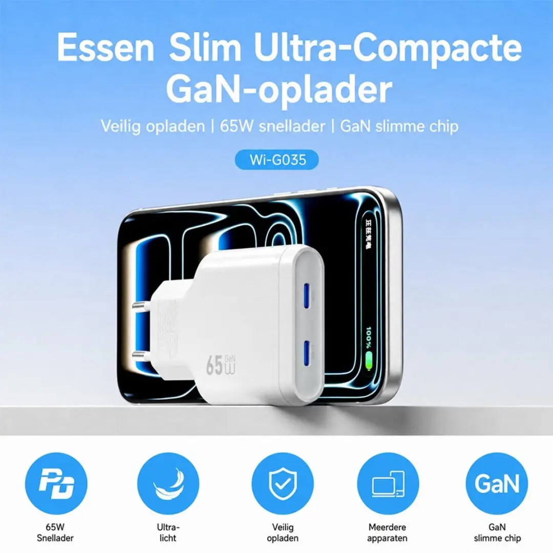 WiWu Oplader Essen Slim 65W USB-C - 2x USB-C - Wit