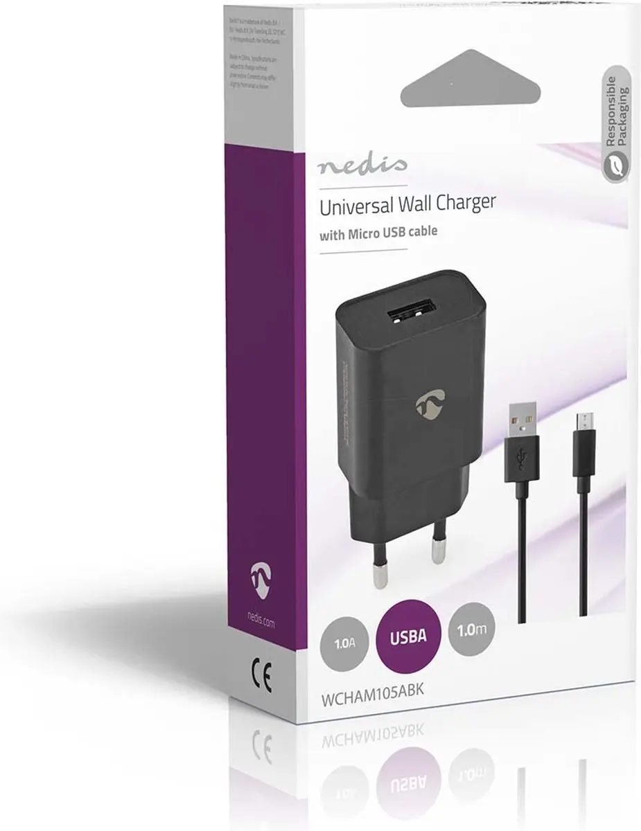 Nedis WCHAM105ABK Oplader 5W - USB-A - Micro-USB - 1m - Zwart
