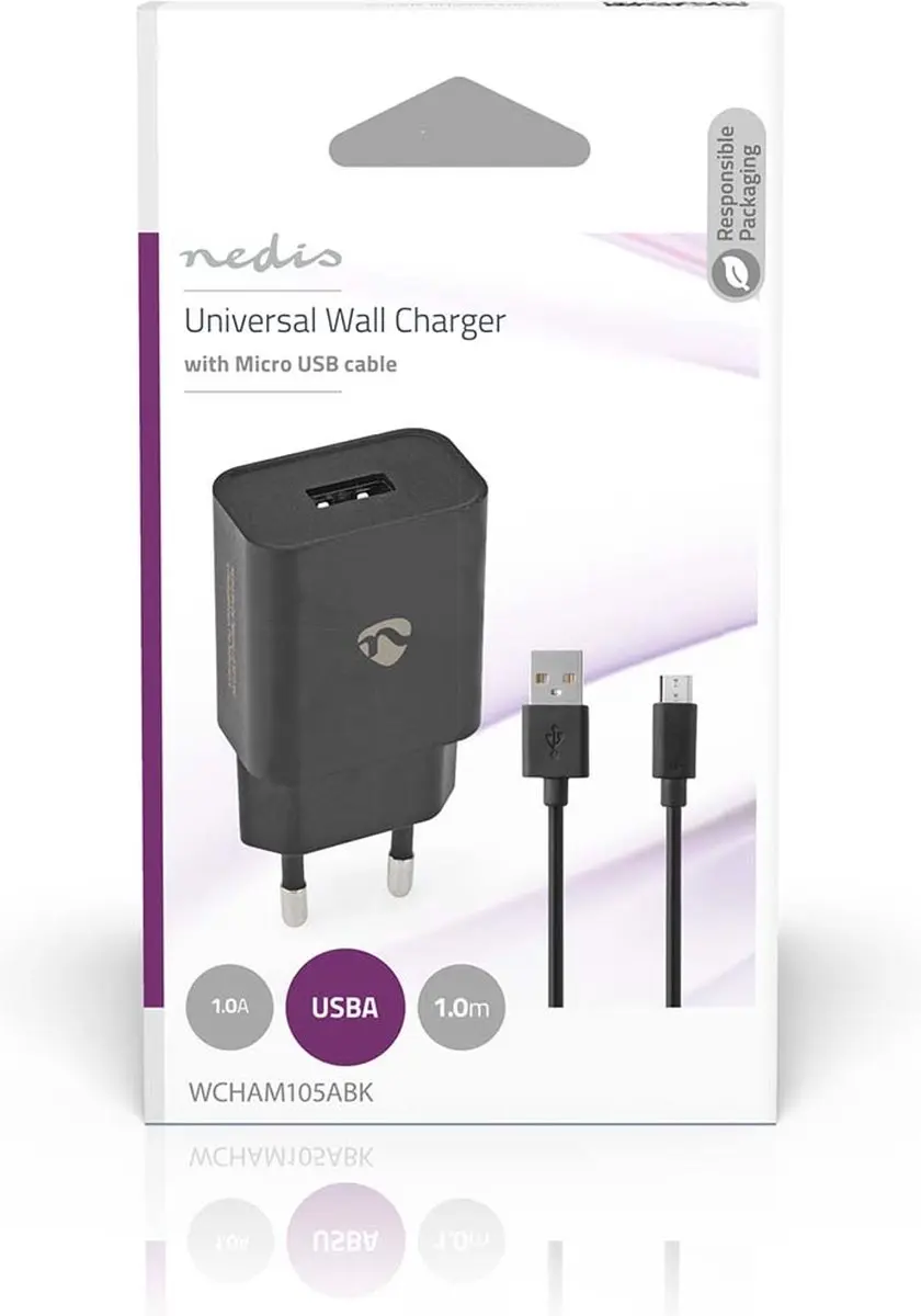 Nedis WCHAM105ABK Oplader 5W - USB-A - Micro-USB - 1m - Zwart
