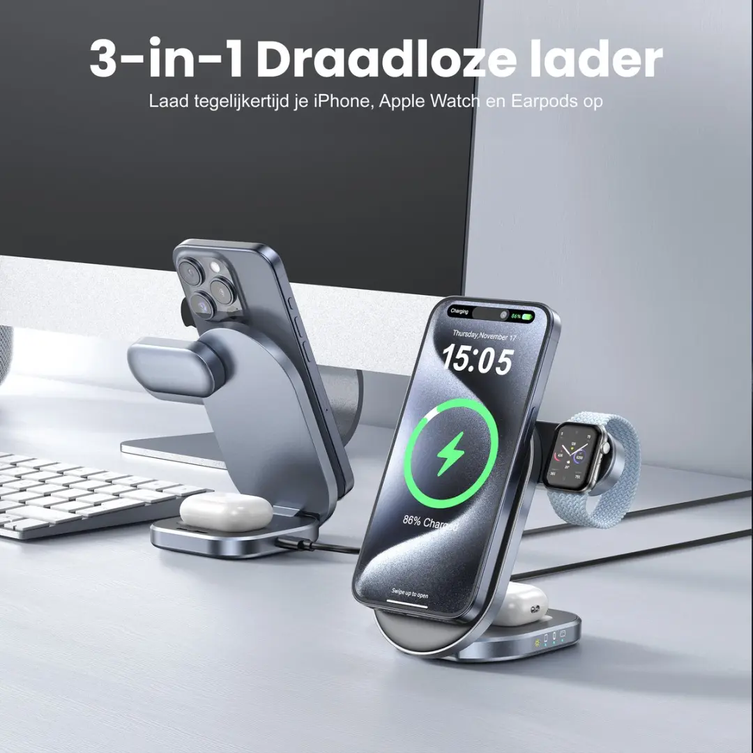 Caliber PSQ-3A Draadloos Oplaadstation 3-in-1 - 22,5W Qi2 - Zwart