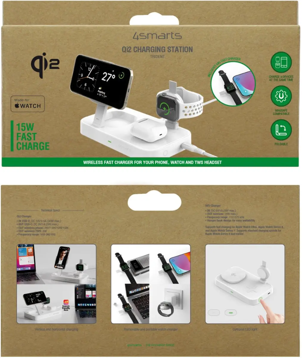 4Smarts 3-in-1 Qi2 Draadloos Oplaadstation 540999 - 30W - Wit