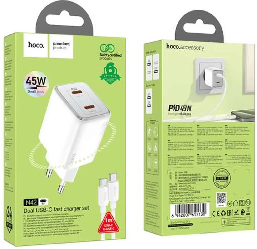 Hoco 45W USB-C Snellader Set - 2x USB-C - Wit