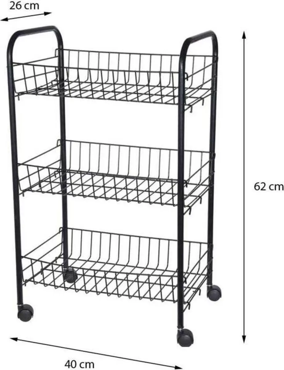 Excellent Houseware Keukentrolley 607398 - 3 Manden - 39x23x64cm Zwart
