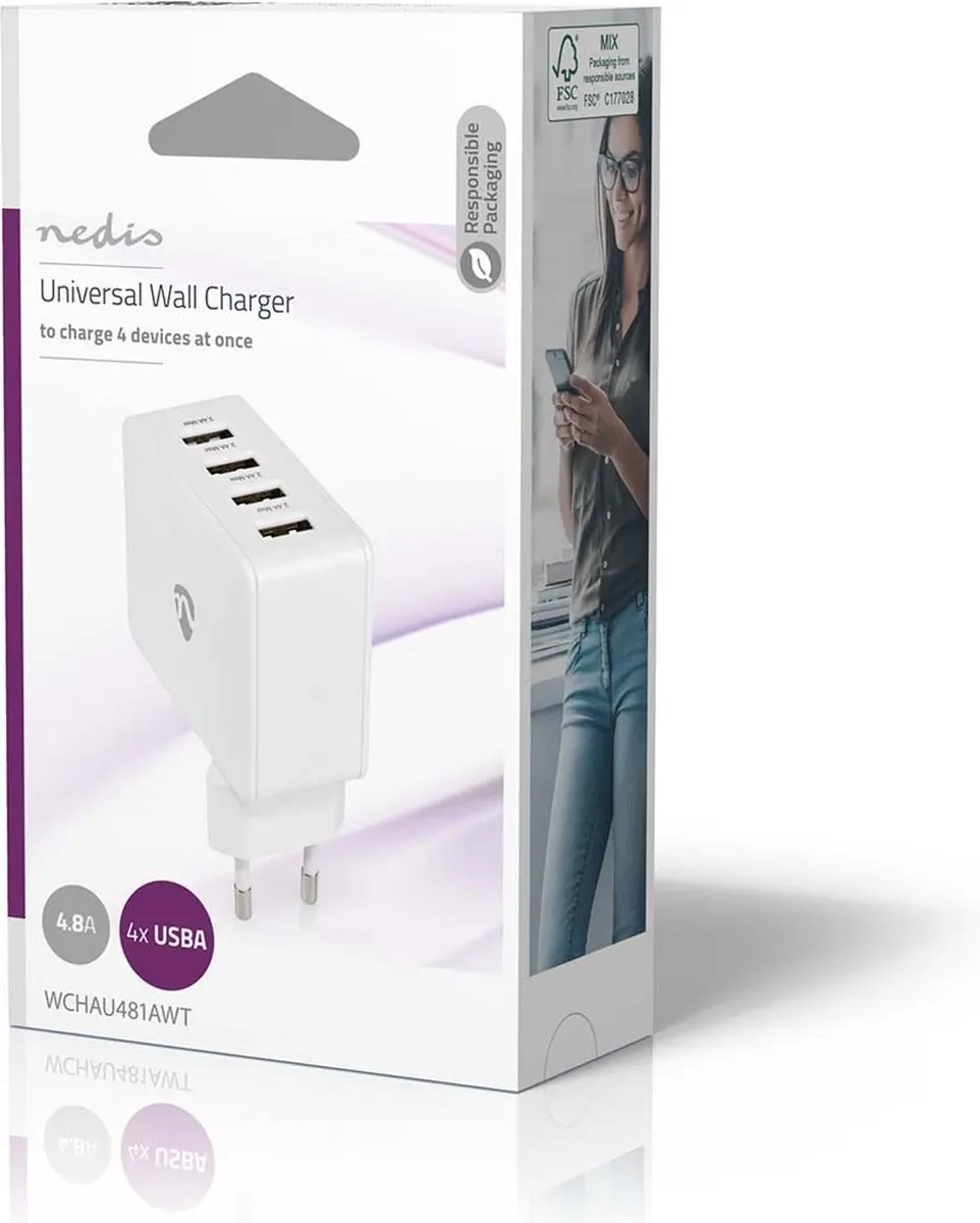Nedis WCHAU481AWT Oplader 24W - 4x USB-A Wit