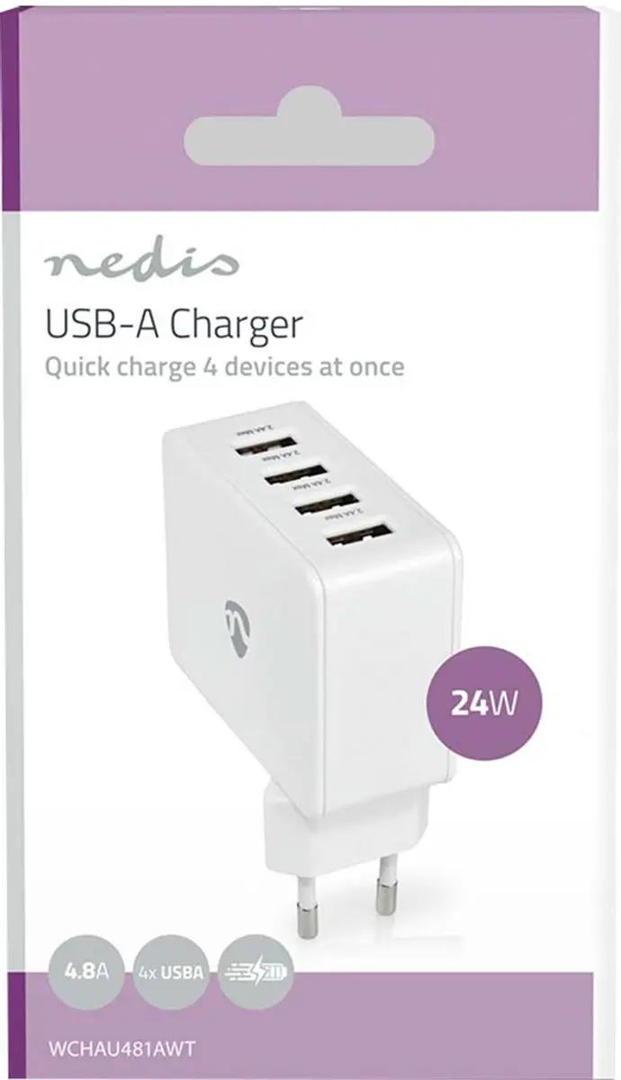 Nedis WCHAU481AWT Oplader 24W - 4x USB-A Wit