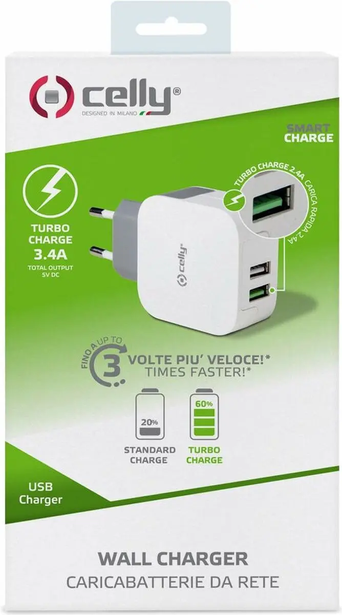 Celly Turbo Lichtnetadapter 3.4A 2x USB - Wit