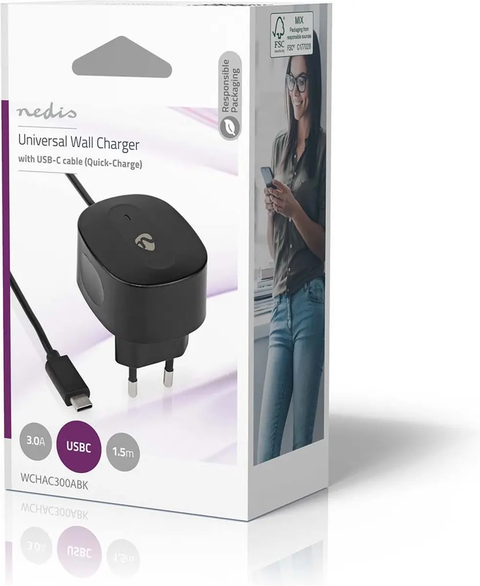 Nedis WCHAC300ABK Oplader 15W USB-C - 1.5m - Zwart