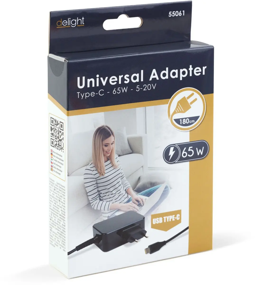 Delight Universele USB-C Oplader 65W - 1,8m - Zwart