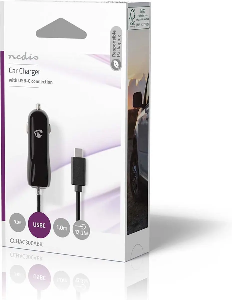 Nedis CCHAC300ABK Autolader 15W - USB-C Kabel 1m - Zwart