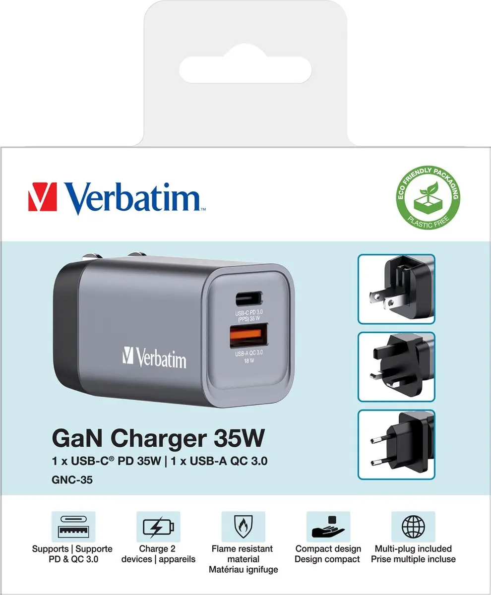Verbatim GNC-35 GaN Oplader 35W - 2 Poorten - Grijs