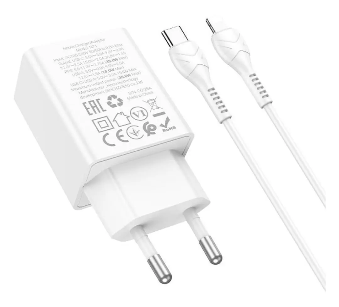 Hoco 30W Power Delivery Snellader - USB-C naar Lightning 1M Wit