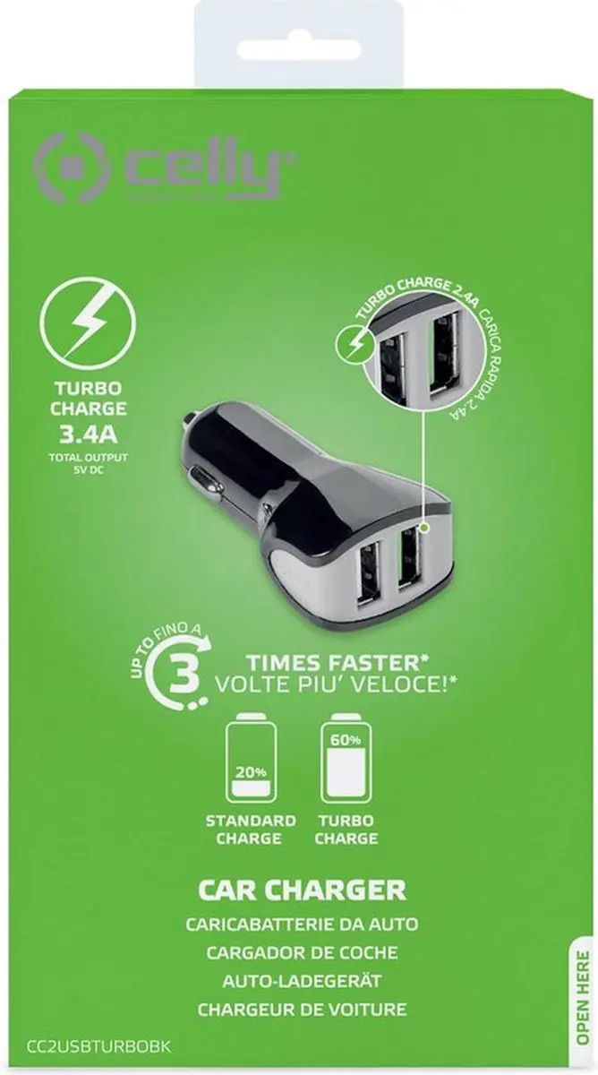 Celly CC2USBTURBOBK Autolader 2x USB-A 3.4A - Zwart