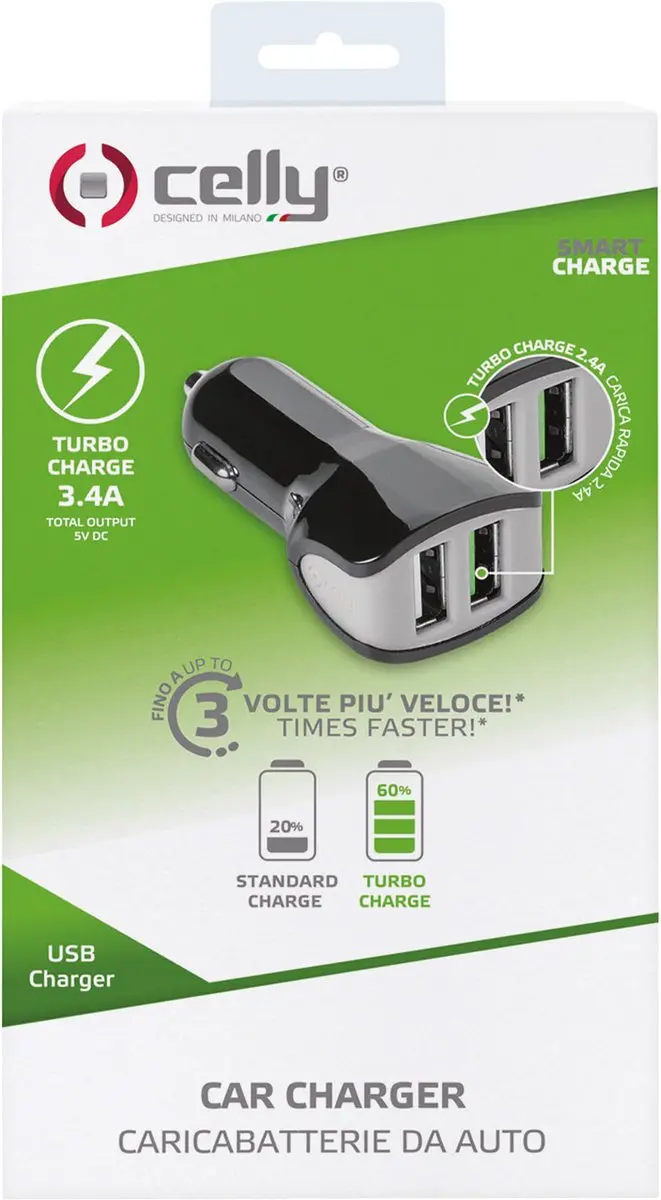 Celly CC2USBTURBOBK Autolader 2x USB-A 3.4A - Zwart