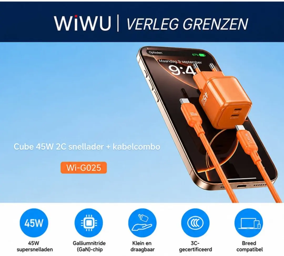 WiWu Oplader Cube 45W USB-C - Dual Type-C - Oranje