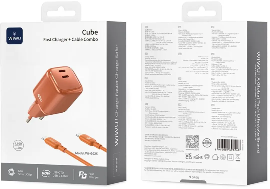 WiWu Oplader Cube 45W USB-C - Dual Type-C - Oranje