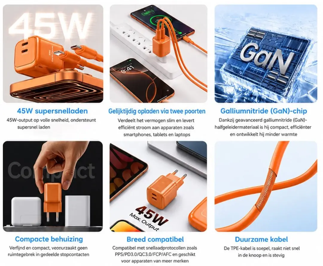 WiWu Oplader Cube 45W USB-C - Dual Type-C - Oranje