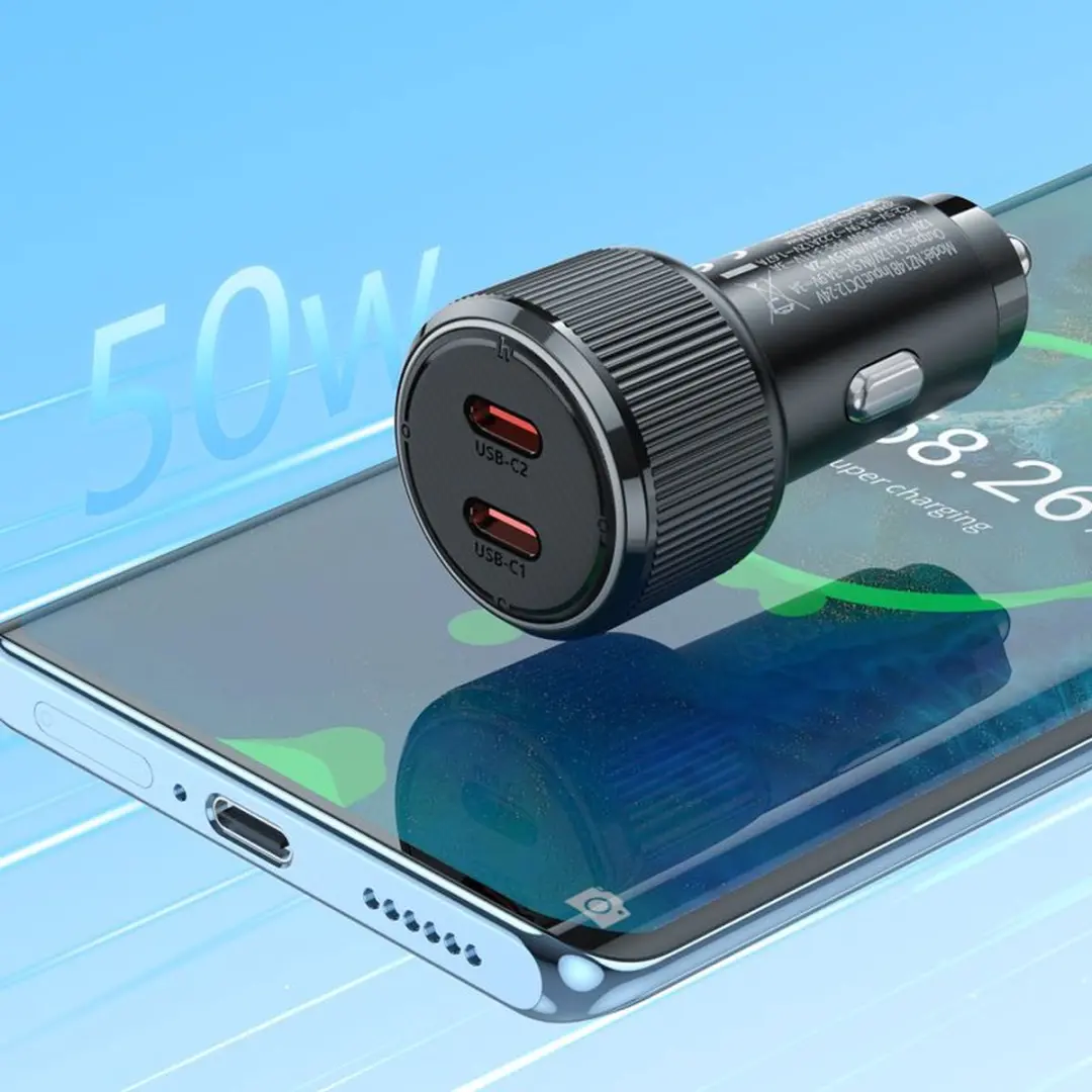 Hoco NZ14B Autolader USB-C - 50W - 2x USB-C - Zwart