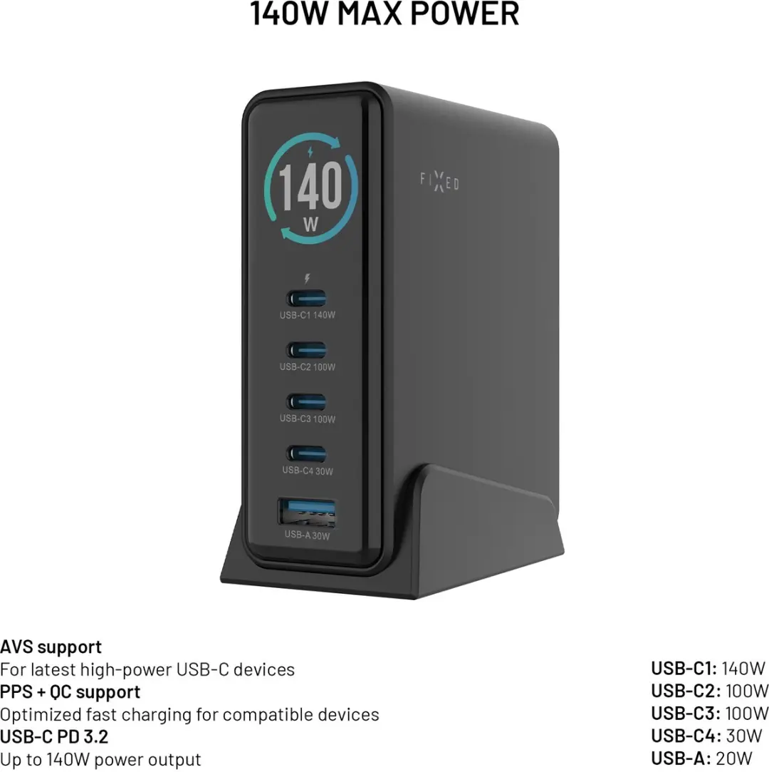 Fixed FIXCG140D-4C1A-BK GaN Docking Station 140W - 5 Poorten - Zwart