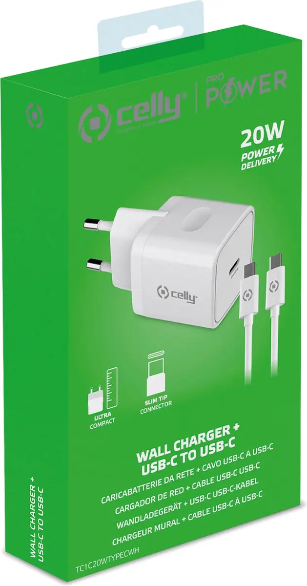 Celly Thuislader USB-C naar USB-C 20W 1m - Wit