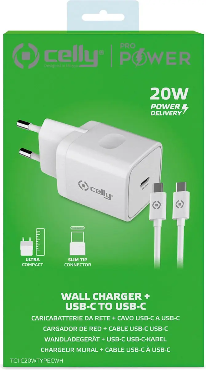 Celly Thuislader USB-C naar USB-C 20W 1m - Wit