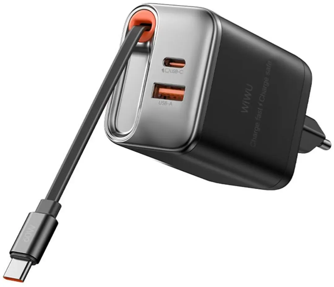 WiWu Helix 67W Oplader - 2 Poorten - 70cm Intrekbare Kabel - Zwart