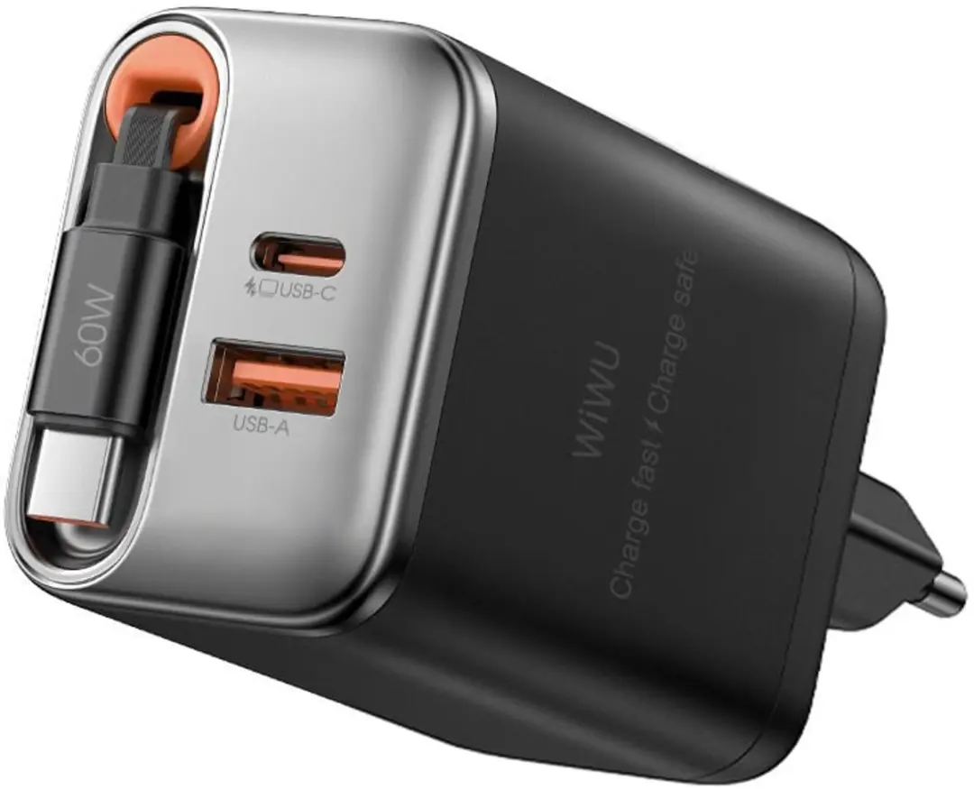WiWu Helix 67W Oplader - 2 Poorten - 70cm Intrekbare Kabel - Zwart - afbeelding 6 van 6