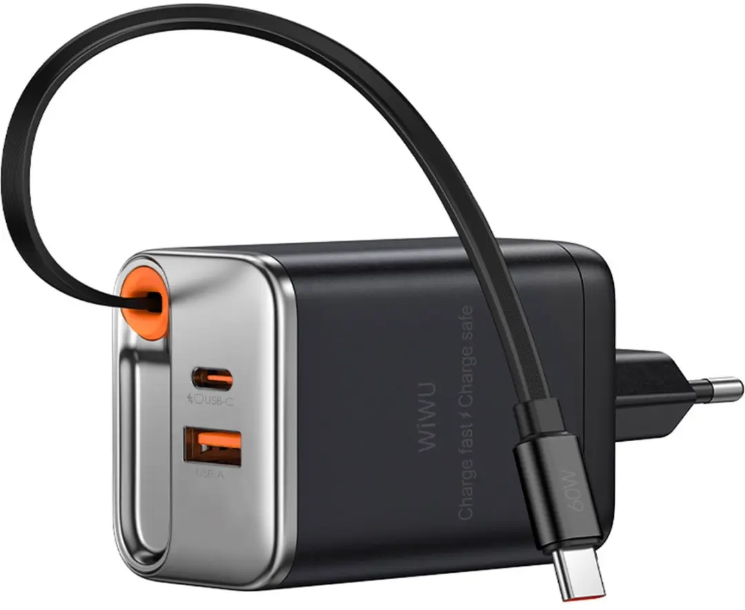 WiWu Helix 67W Oplader - 2 Poorten - 70cm Intrekbare Kabel - Zwart