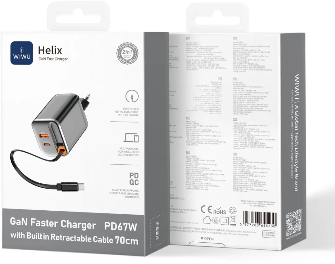 WiWu Helix 67W Oplader - 2 Poorten - 70cm Intrekbare Kabel - Zwart