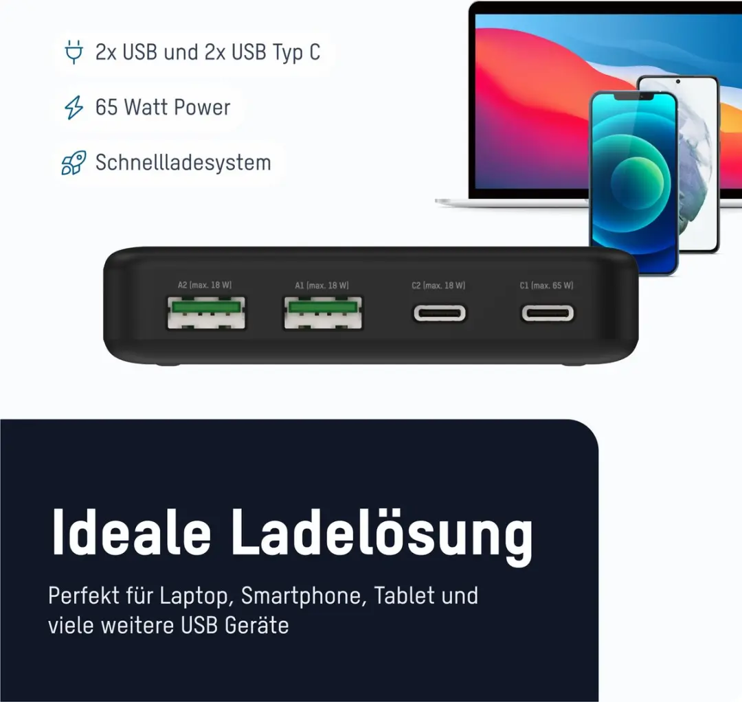 Ansmann 65W USB & USB-C Lader DC465PD - 4 Outputs - Zwart
