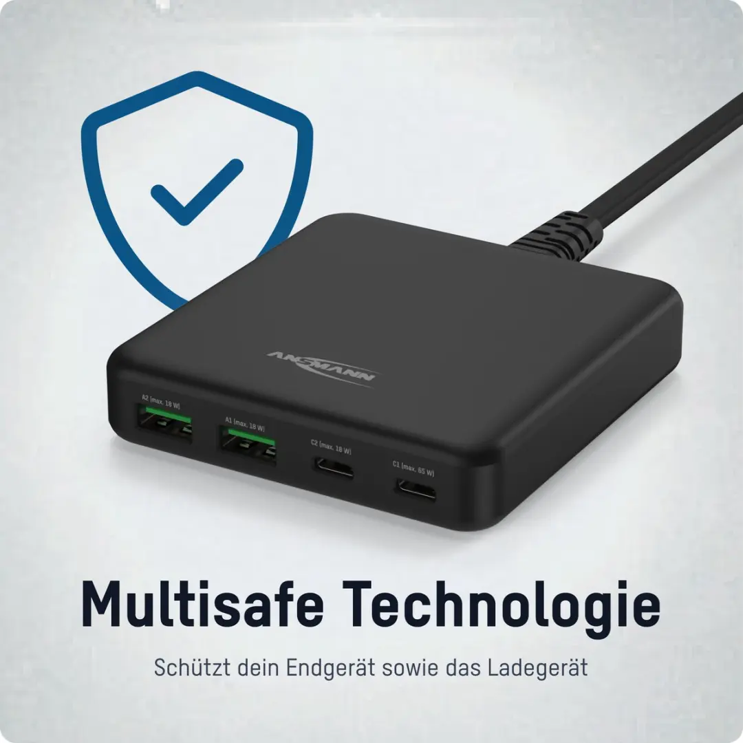 Ansmann 65W USB & USB-C Lader DC465PD - 4 Outputs - Zwart