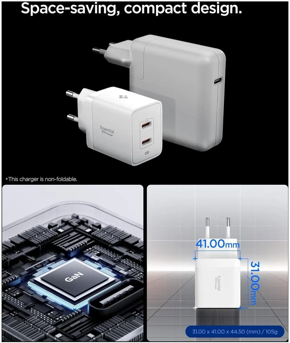 Spigen Essential EE472EU 47W USB-C Snellader - 2 Poorten - Wit
