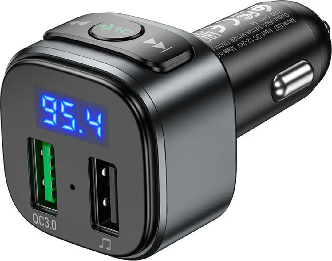 Hoco E67 Bluetooth Muziektransmitter & Autolader 18W - 2 Outputs - Zwart